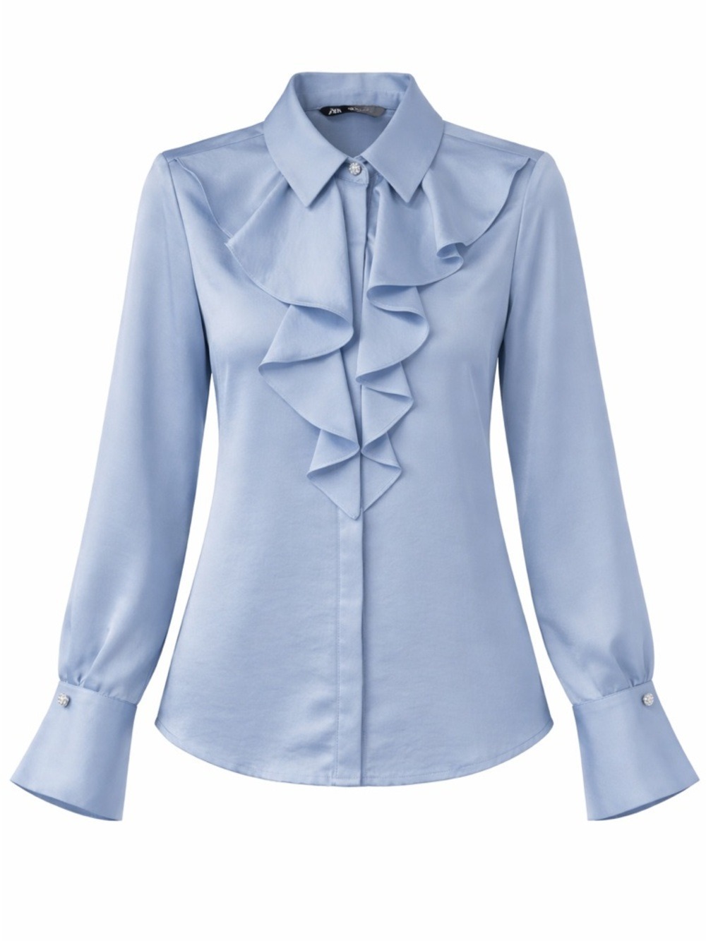 Zara ruffle pearl sateen blouse Medium long sleeve cool blue Feminine Romantic